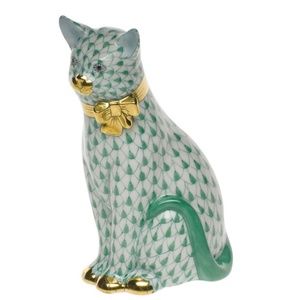 JE22-Vintage Herend Green Cat with Bow Figurine